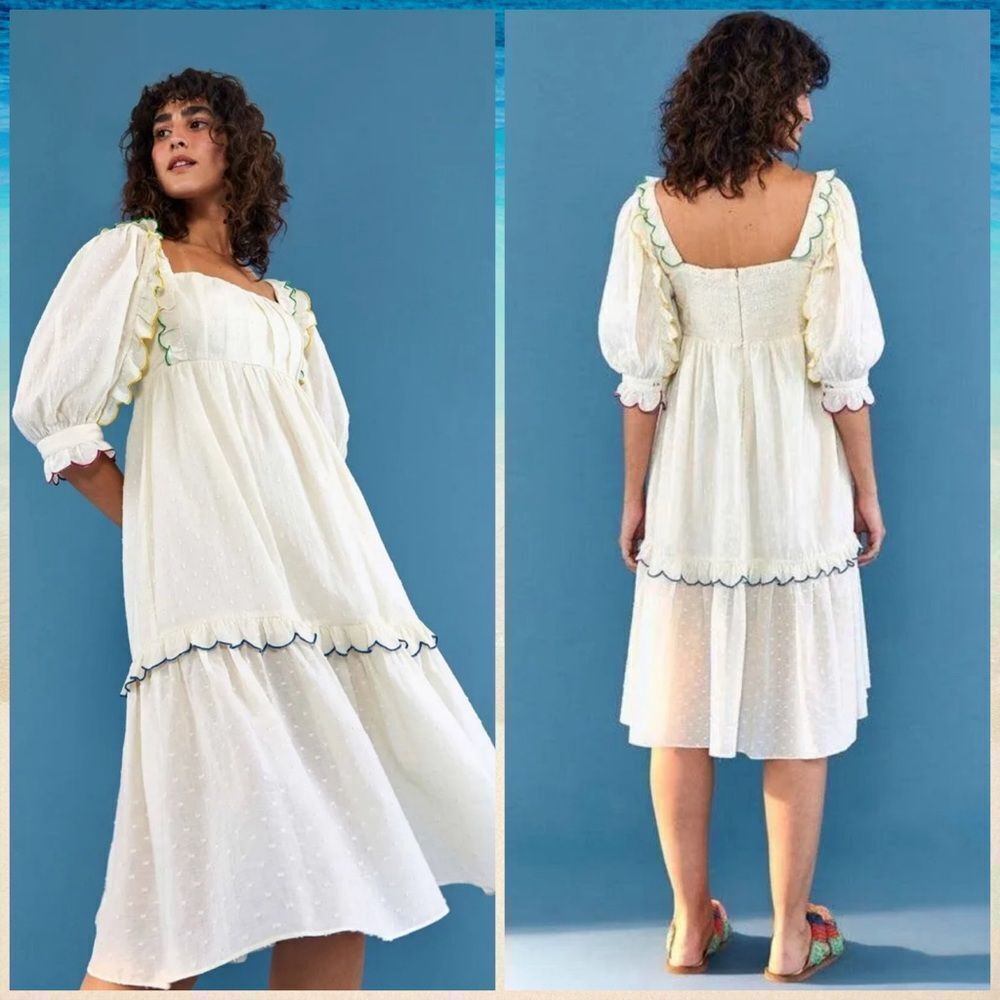 FARM Rio Cream Midi Dress with Blue and Green Accents